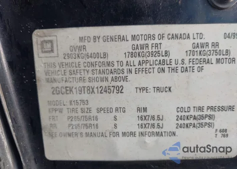 1999 Chevrolet Silverado 1500 Lt из США, поврежденный, VIN 2GCEK19T8X1245792